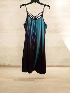 Black & Teal Striped Dress with Crisscross Straps, Size L